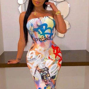Colorful Letter Print Off Shoulder Bodycon Dress